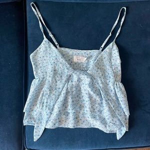 Blue floral spaghetti strap, front tie tank top